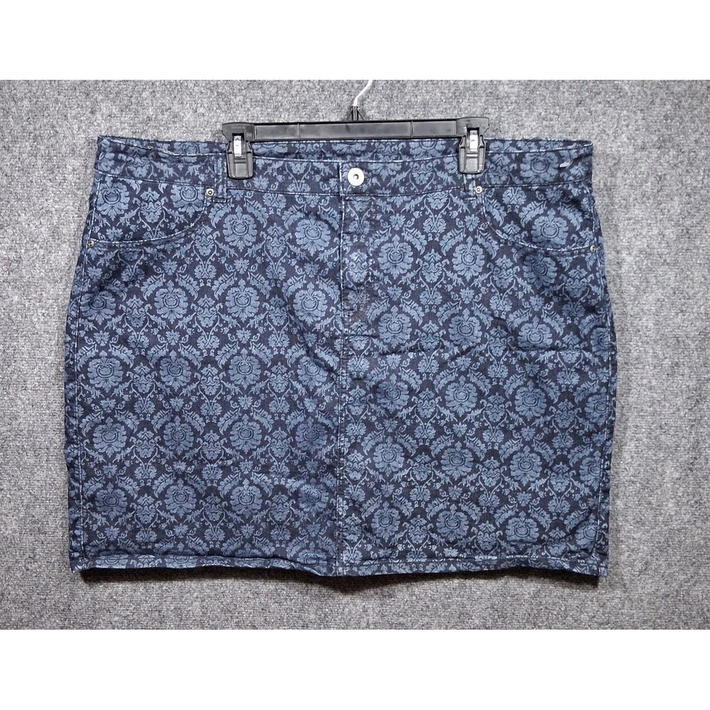 CJ Banks Women 22W Blue Damask Floral Denim Mini Skirt Stretch Plus Size